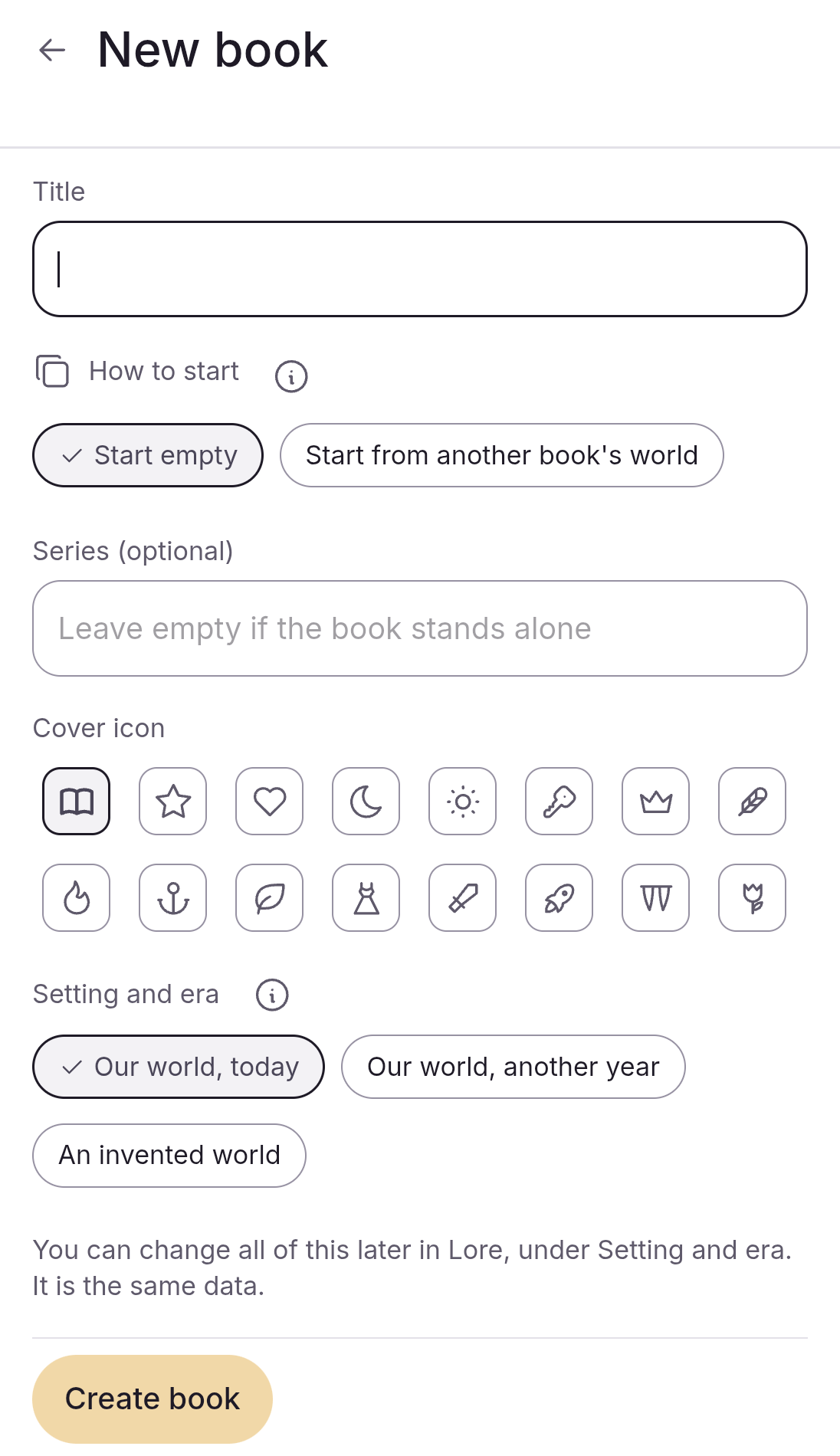 Demo book: the New book screen, from the title to the Create book button