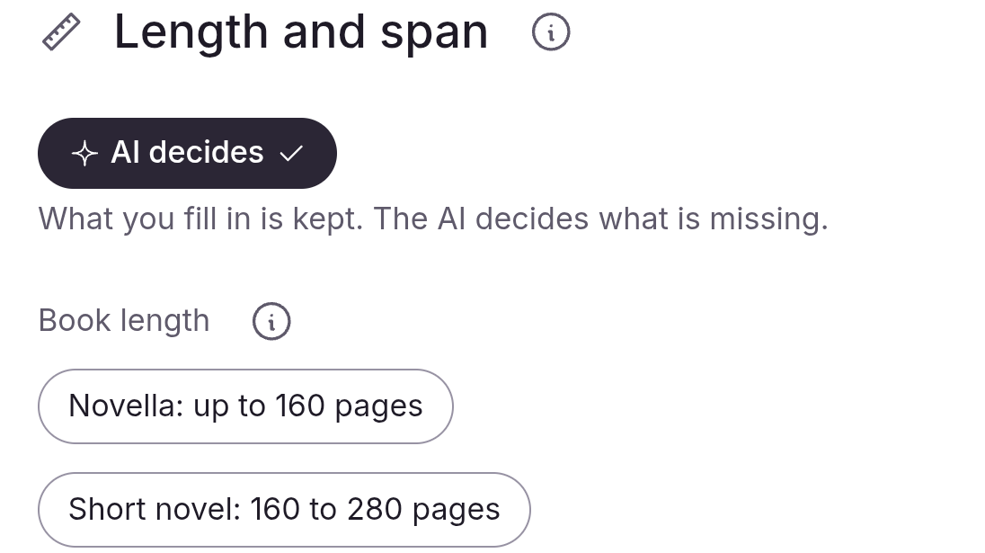 Demo book: the Length and span part with the AI decides button on