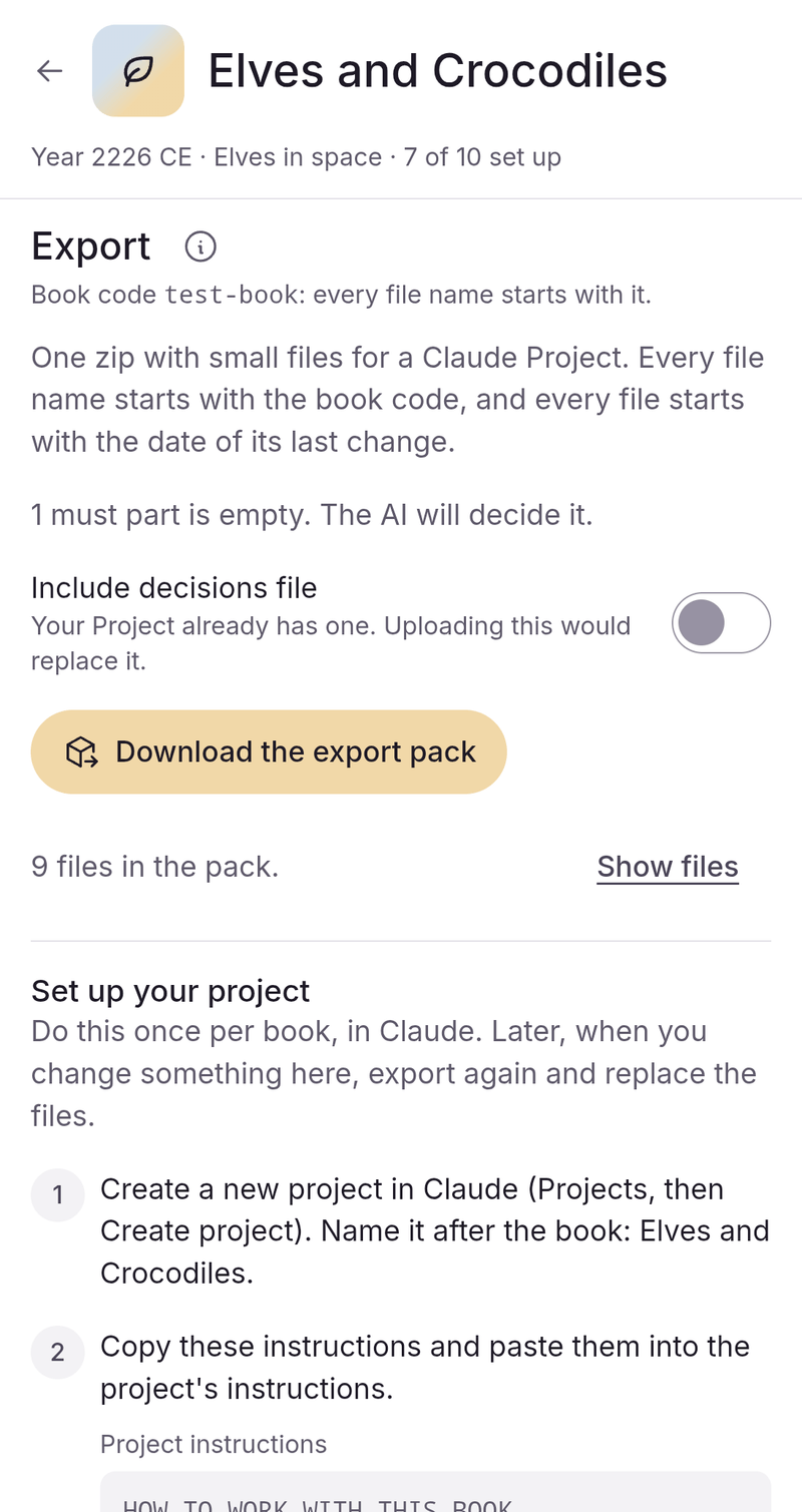 Demo book: the Export screen with the Download the export pack button