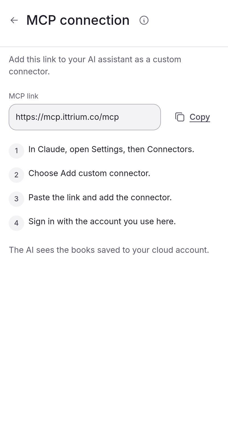 The MCP connection screen of the tool, with the MCP link and four steps